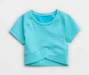 OFFLINE by Aerie Seamless Ribbed Crossover Crop Top Aqua Blue Short Sleeve M thumbnail 1