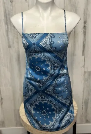 Forever 21 Bandana Print Satin Mini Dress Womens S Blue Paisley Bodycon Slip thumbnail 1
