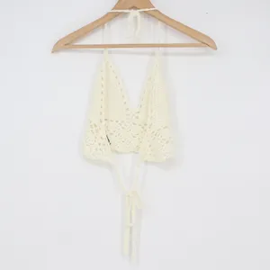 Cream Crochet Halter Top Boho Festival Bralette V-Neck Tie Back Cream Size M thumbnail 2