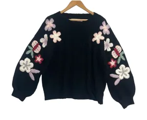 Boundless North Sweater Womens Large Black Wool Blend Floral Embroidered Boho thumbnail 1