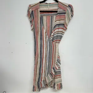 Free People Blue & Pink Vertical Striped Short Sleeve Wrap Dress Womens L Mini thumbnail 3