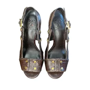 TORY BURCH Crocodile Embossed Leather High Heel Sandals Gold Hardware 7M Shoes thumbnail 2
