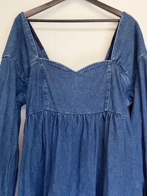 ASOS Luxe Curve Denim Baby Doll Long Sleeve Mini Dress with Bow Back Blue 16 thumbnail 6