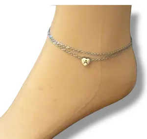 Stainless steel double chain heart shaped letter A anklet thumbnail 3