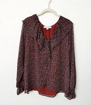 [LOFT] Red Black Floral Print Ruffle Neck Long Sleeve V-Neck Blouse Size Large L thumbnail 1