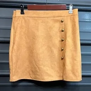 Faux Suede Tan Mini Skirt with Button Detail Casual‎ Trendy Women's thumbnail 1