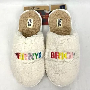 Merry & Bright Slippers Teddy Slide Dearfoams Women's Lg 9/10 Rainbow Stitching thumbnail 1