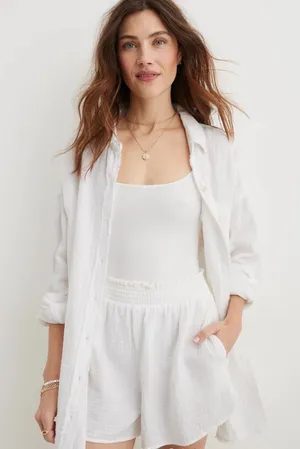 Aerie Women Gauzy High Waisted White Cotton Gauze Smocked Waist Lounge Shorts XL thumbnail 1