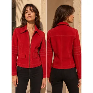 Olly London Moto Suede Zip Front Jacket Women Small Red thumbnail 2