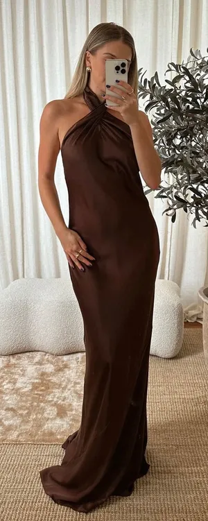 Show Me Your MuMu Jasmine Halter Maxi Dress Chocolate Brown size Small thumbnail 1