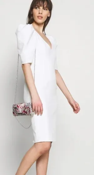 BARDOT | Fergie Textured Cream White Puff Sleeve Midi Sheath Dress | Medium thumbnail 1