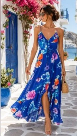 Lulus NWT Women Large Royal Blue Ladean Floral Print Ruffled Wrap Maxi Dress thumbnail 1