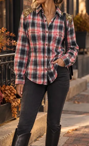 Free People Plaid Button-Down Tunic Shirt Gold Sequin Shoulder Accents S/P thumbnail 1