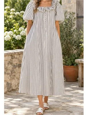 ZOCO. Good Luck Puff Sleeve Dress, Blue Stripes, Small thumbnail 2