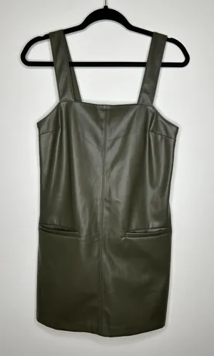 Green Faux Leather Front Pocket Mini Shift Dress Layering thumbnail 2
