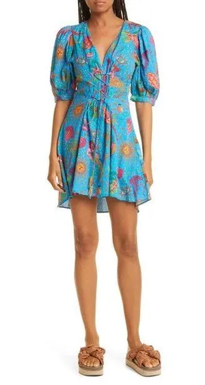 Farm Rio Embellished Lace Up Ocean Stories Printed Swiss Dot Cotton Mini Dress thumbnail 4