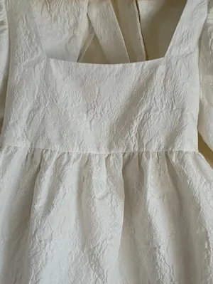 White Textured Mini Dress with Puff Sleeves and Square Neck thumbnail 3