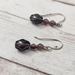 Vintage Earrings For Pierced Ears Dark Purple Beads thumbnail 3