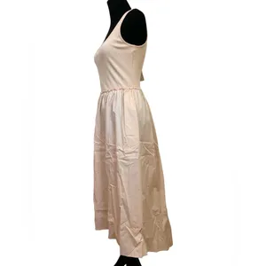Tan Square neck sleeveless stretch knit bodice poplin skirt midi dress thumbnail 3