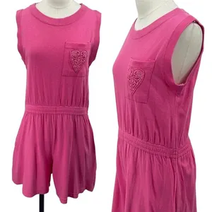 Vintage 80s Romper Embroidered Heart Pocket Sleeveless Crewneck Pink Womens M thumbnail 2