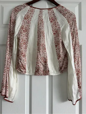 Anthropologie Silky Spliced Boho Blouse XS Brown White Bell Sleeve Crop Top thumbnail 6