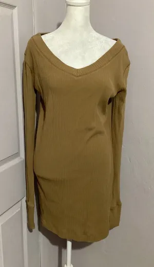 Free People Beach Walk About Stretch Mini Dress Long Sleeve Ribbed Mustard S thumbnail 1