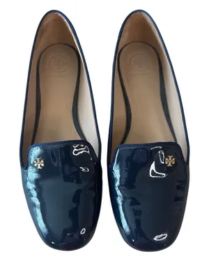 Tory Burch‎ Samantha Patent Smoking Slippers Navy Gold Logo Flats 8.5 thumbnail 1
