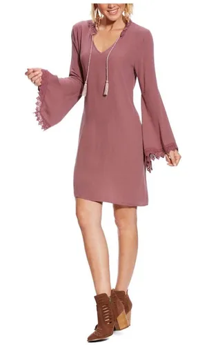 NWT Ariat Boho Western mauve dress crochet detail bell sleeve & tassel large thumbnail 1