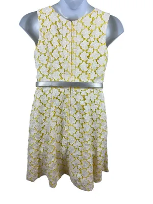ModCloth 1960s Inspired Floral Lace Fit & Flare Dress Yellow White Belted L thumbnail 5