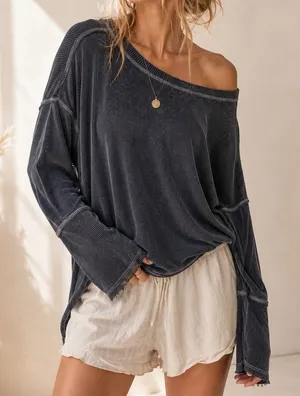 Easel Ribbed Knit Top Medium Striped Grey Long Sleeve Oversized Exposed Seam thumbnail 1