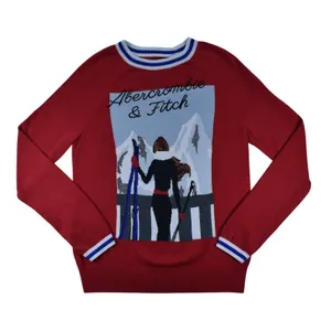 Abercrombie & Fitch Red Ski Graphic Sweater Womens Small Striped Trim Knit1R6047 thumbnail 1