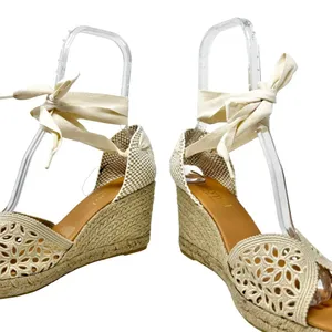 Maypol NEW Crochet Espadrille Wedge Sandals Peep Toe Ankle Wrap Cream Size 41 thumbnail 8