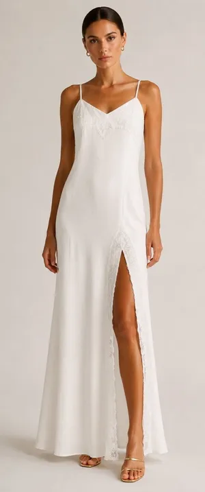 Fame and Partners white lace trim spaghetti strap slip cut gown front slit 8 thumbnail 1