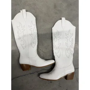 Women's White Western Cowboy Cowgirl Knee-High Boots Pointed Toe Embroidered - 9 thumbnail 2