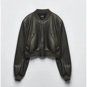 ZARA Faux Leather Cropped Bomber Jacket Brown Medium thumbnail 2