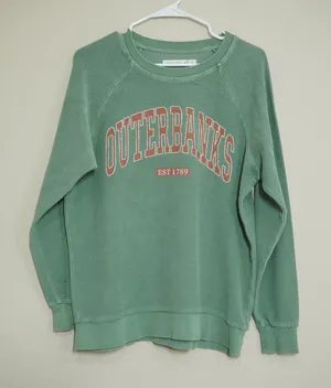 Altar'd State‎ Size XS Outerbanks Graphic Ribbed Sweatshirt Sage Green Oversized thumbnail 1