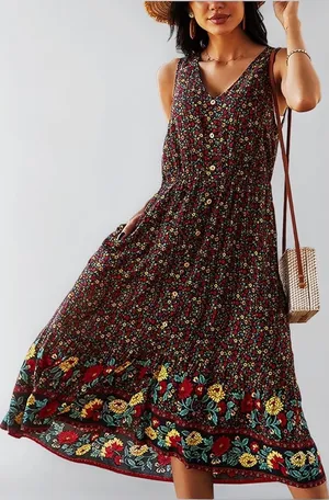 Amazon Bohemian V-Neck Printed Gathered Waist Midi Dress thumbnail 1