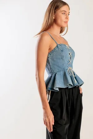 Freemarket by Flying Tomato denim peplum front lace up detail size L juniors thumbnail 6
