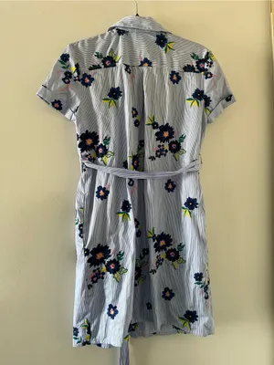 Eci Light Blue Floral Embroidered Pinstripe Shirt Button Up Mini Dress 4 Cottage thumbnail 7