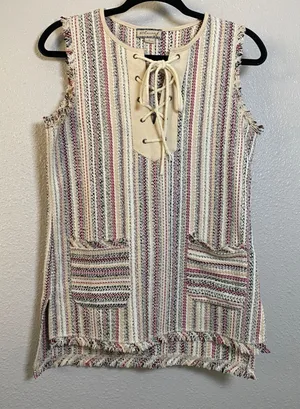 Ethereal Bohemian Hippie Cowgirl Country‎ Western Woven Lace Up Tunic Top S thumbnail 1