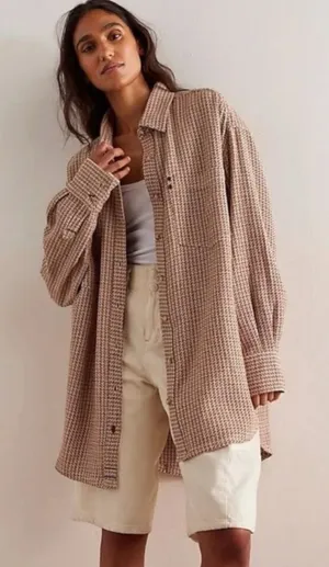 Free People Large Freddie Menswear Oversized Shirt Jacket Shacket Neutral Plaid thumbnail 1