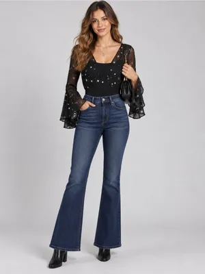 Nasty Gal Black Star Print Sheer Bell Sleeve Bodysuit Size 6 thumbnail 5