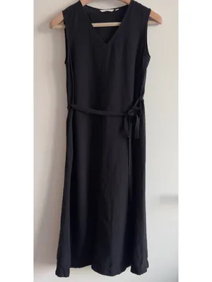 UNIQLO Linen Blend A-Line Midi Dress Black Sleeveless Tie Waist Size S thumbnail 2