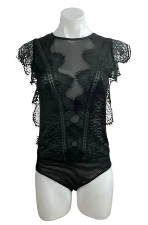 Zara Women's Black Lace Sheer Mesh Ruffle High Neck Cap Sleeves Bodysuit Top S thumbnail 1
