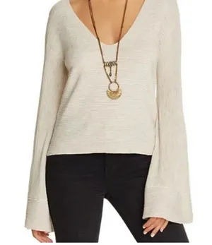 Free People Oatmeal Bell‎ Sleeve Sweater Boho Slouchy Knit Top Medium thumbnail 1