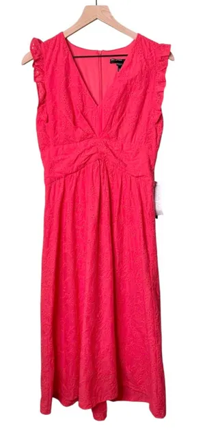 NWT Maggy London Embroidered Eyelet Flutter Sleeves Midi Dress Coral Pink Size 4 thumbnail 1