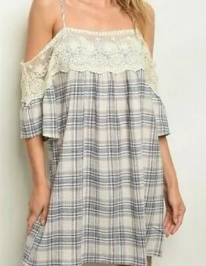 Soiéblu Cold Shoulder Lace Trim Plaid Dress Size Small thumbnail 1