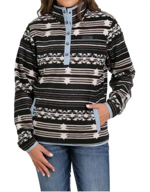 Cinch Polar Fleece Pullover Women L Black Aztec Southwest Snap Mock Neck‎ Hiking thumbnail 1