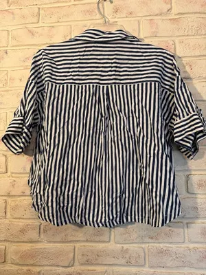 Zara Blue and White Striped Short Sleeve Button Up Shirt Size M thumbnail 3