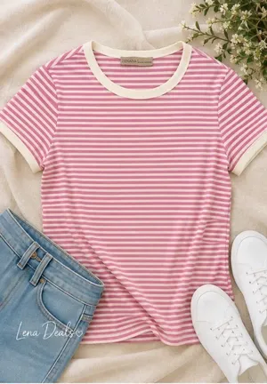 ZENANA Striped Ribbed Crewneck T - Shirt Women’s Candy Pink Sz Small Cotton thumbnail 1